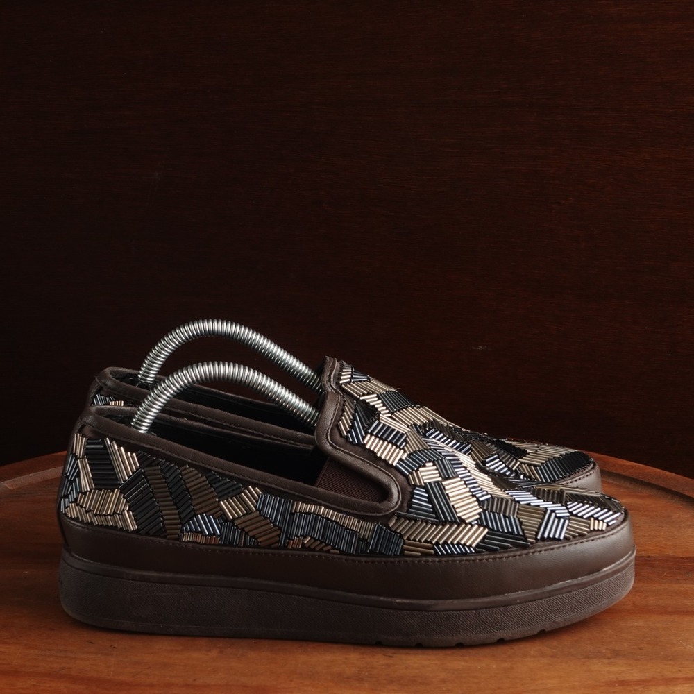 Donald J. Pliner Sneakers Womens SZ 6.5 Brown Blue Mickey Beaded Platform Shoes